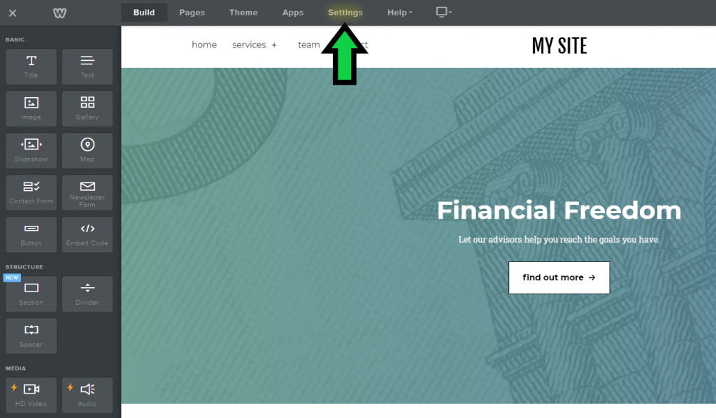 click settings on weebly website design dashboard